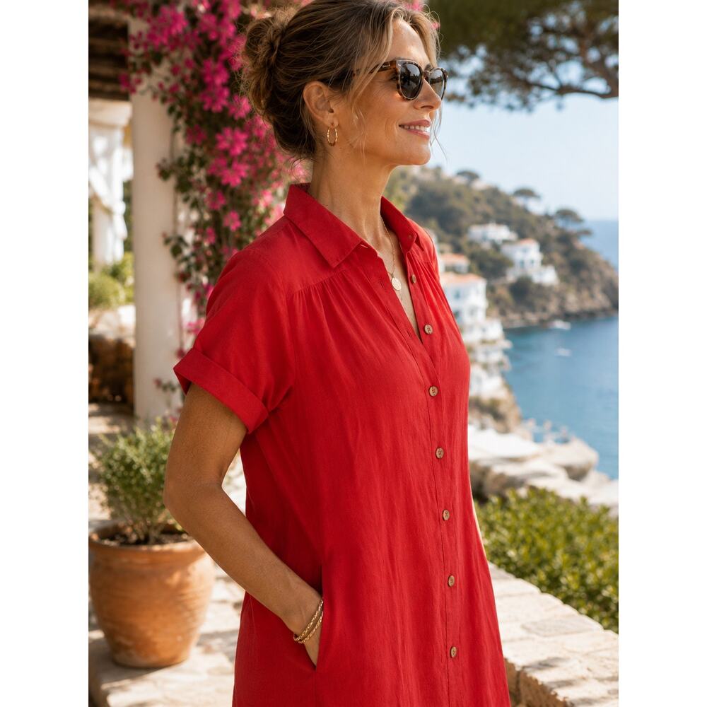 J.Crew NWT 100% Linen Relaxed Shirt Dress Red Coastal Resort Cover Up MP $148 - Picture 2 of 14